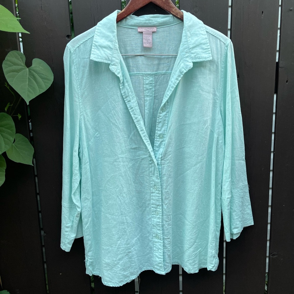 💵📉 Saint Tropez West Oversized Women’s L Linen blend Long Sleeve Aqua Blue